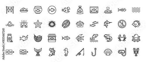 Seafood and fishing line icon set. Vector pictograms of fish, lobster, crab, aquarium, and diving mask, thin outline illustration.