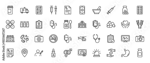 Medical and healthcare line icon set. vector pictograms of ambulance, syringe, stethoscope, hospital, and pill bottle, thin outline illustration.