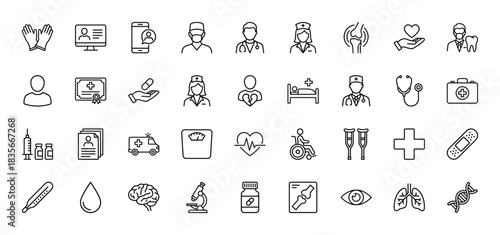 Medical healthcare line icon set. Vector pictograms of doctor, nurse, stethoscope, syringe, ambulance, hospital bed, DNA, brain and lungs, thin outline illustration.