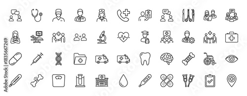 Medical healthcare thin line icon set. vector pictograms of doctors, dna, hospital, ambulance, and first aid, outline illustration.