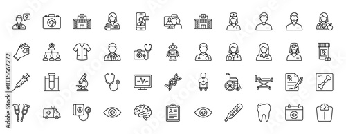 Healthcare line icon set. Vector pictograms of doctors, hospital, stethoscope, syringe, and dna, thin outline illustration.