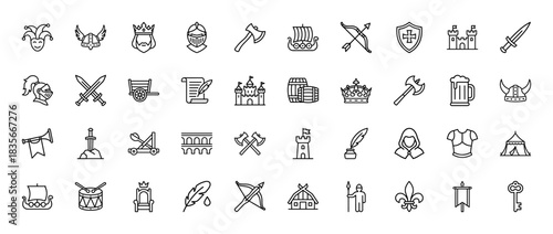 Medieval fantasy line icon set. Vector pictograms of crown, helmet, sword, castle, ax, and shield, thin outline illustration.