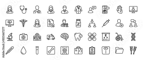 Medical and healthcare line icon set. Vector pictograms of stethoscope, heart, syringe, ambulance, and brain, thin outline illustration.
