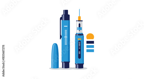 Modern blue insulin pen injector with a needle, used by individuals for self-administering diabetes medication and treatment.