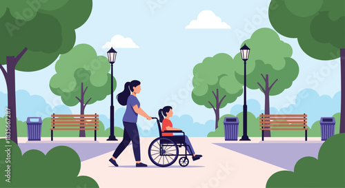 Caring mother or caregiver pushing a young girl in a wheelchair for a pleasant walk through a beautiful city park on a sunny day.