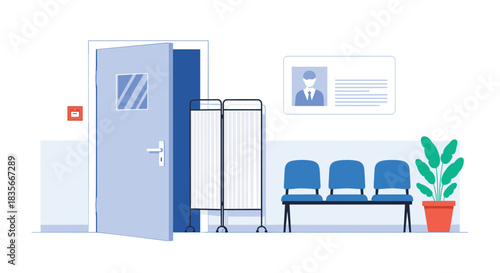 Empty waiting area in a modern hospital or doctor's clinic, with an open door leading to the examination room interior.