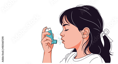 Young girl with a respiratory condition using an asthma inhaler to relieve breathing difficulties, with copy space for text.