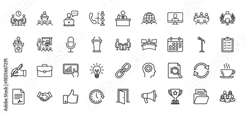 Business and office line icon set. Vector pictograms of meeting, conference, presentation, handshake, and planning, thin outline illustration.