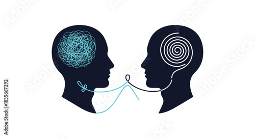 Communication concept showing a therapist untangling the chaotic thoughts of a patient, symbolizing psychotherapy and mental clarity.