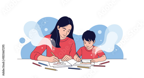 Loving mother and her young son spending quality time together, drawing and coloring with pencils at a table in their home.