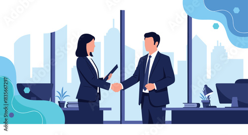 Professional businessman and businesswoman shaking hands to finalize a successful business deal or partnership in a modern office.