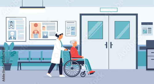 Female nurse or caregiver pushing an elderly woman in a wheelchair through a modern and clean hospital hallway for an appointment.