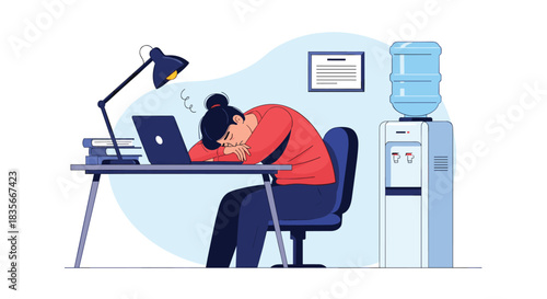 Exhausted and overworked businesswoman sleeping at her desk in the office, suffering from burnout, fatigue, and stress.