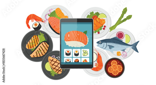 Digital tablet showcasing a seafood restaurant menu or recipe app, surrounded by a variety of fresh and delicious fish dishes.