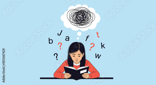 Young girl struggling to read a book due to dyslexia, with confused thoughts and jumbled letters representing her learning disorder.