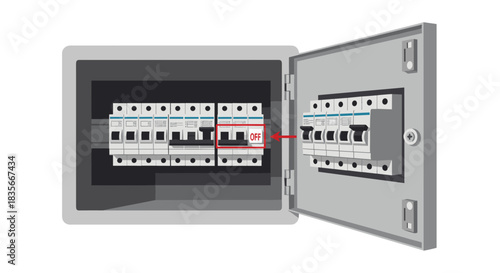 Electrician's hand turning off a switch in an open circuit breaker box to cut the power supply for safety or repairs.