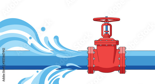 Water gushing from a leak in a large industrial pipe next to a red valve, representing a plumbing emergency or water waste.
