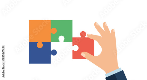 Hand placing the final piece to complete a four-color jigsaw puzzle, symbolizing problem-solving, completion, and a solution.