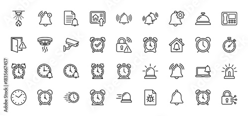 Security and alarm line icon set. Vector pictograms of clock, bell, smoke detector, siren, and surveillance, thin outline illustration.