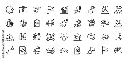 Business and marketing line icon set. Vector pictograms of target, goal, success, rocket, gear, brain, chart, and flag, thin outline illustration.