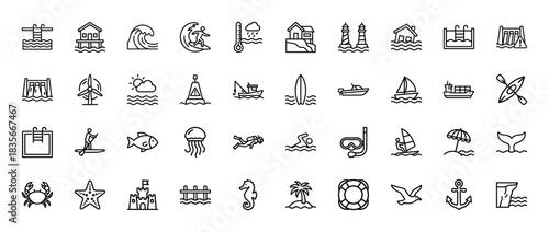 Coastal and nautical travel line icon set. Vector pictograms of lighthouse, boat, crab, palm tree, and jellyfish, thin outline illustration.