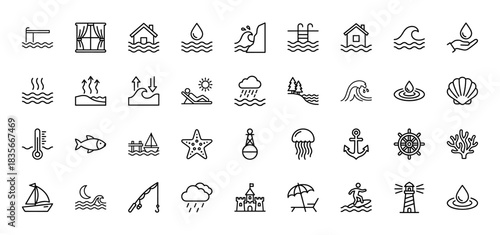 Water, sea, and beach line icon set. Vector pictograms of ocean waves, sun, fish, boat, and sandcastle, thin outline illustration.