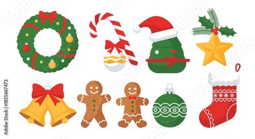 Collection of festive Christmas holiday icons including a wreath, candy cane, gingerbread men, stocking, and other cute decorations.