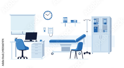 Interior of a modern and sterile doctor's office or hospital examination room with medical equipment and furniture for patients.