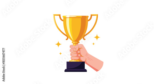 Hand proudly holding a gleaming gold trophy cup, symbolizing victory, success, achievement, and being the first-place winner.