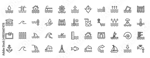 Water and ocean line icon set. Vector pictograms of swimming pool, house, anchor, fish, and boat, thin outline illustration.