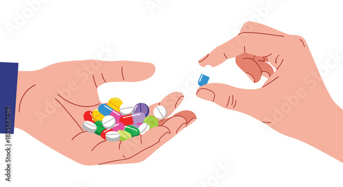 Patient taking one pill from a handful of various colorful medications offered by another person, representing a prescription or choice.