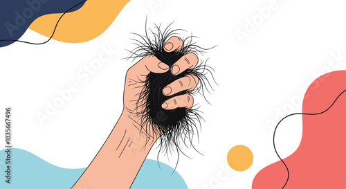 Hand clutching a large clump of fallen hair, illustrating the problem of hair loss, alopecia, stress, or health issues.