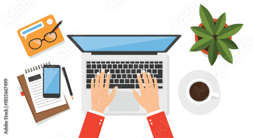 Top-down view of a person's hands typing on a laptop at a clean and organized office desk with coffee and a smartphone.