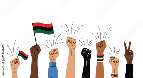 Group of raised fists and hands of diverse people holding Pan-African flags, celebrating Black history and liberation.