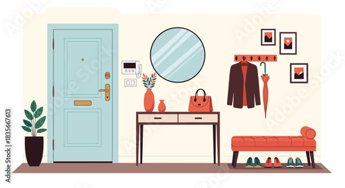 Modern and stylish entryway of a home with a console table, mirror, coat rack, and a bench for a welcoming interior design.