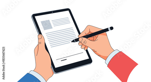 Businessman's hands holding a tablet and using a stylus to sign an electronic document for a digital contract agreement.