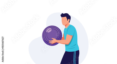 Young man in sportswear doing a workout with a purple fitness ball, representing an active and healthy lifestyle at the gym.