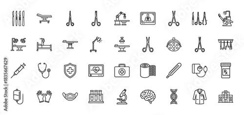 Medical line icon set. Vector pictograms of surgical instruments, microscope, syringe, stethoscope, and hospital equipment, thin outline illustration.