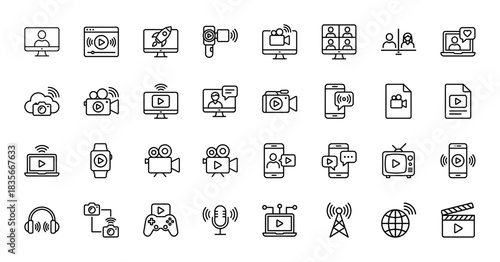 Digital communication line icon set. Vector pictograms of streaming, broadcasting, video chat, camera, and wireless devices, thin outline illustration.