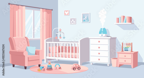 Cozy and cute baby nursery room interior in pink and blue with a crib, armchair, and an air humidifier for comfort.