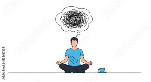 Man practicing meditation in a lotus pose to untangle his chaotic thoughts, with a tangled scribble in a thought bubble.