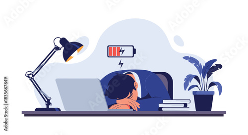 Exhausted businessman asleep at his desk with a laptop and a low battery icon above his head, symbolizing professional burnout.