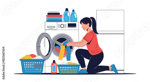 Young woman doing laundry at home, loading colorful clothes into a modern front-loading washing machine in a utility room.