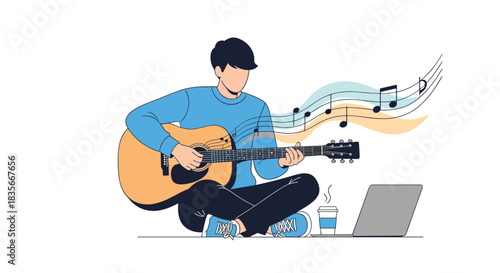 Young man sitting on the floor learning to play the acoustic guitar online using his laptop, with musical notes floating.