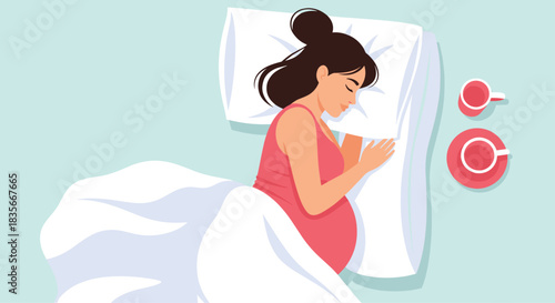 Top-down view of a pregnant woman sleeping peacefully on her side in bed, illustrating rest and comfort during pregnancy.