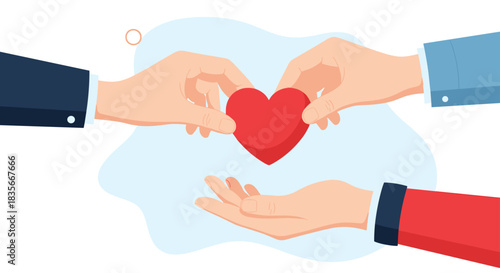 Multiple hands passing a red heart to another open hand, representing charity, donation, love, and community support.