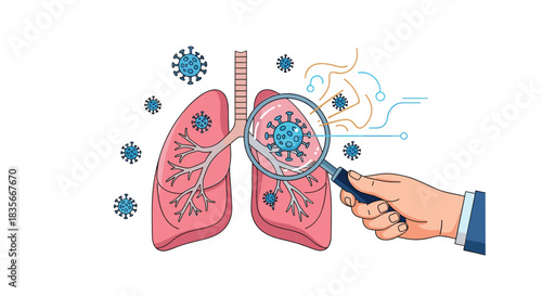 Doctor's hand holding a magnifying glass to examine coronavirus particles inside human lungs, representing medical research.