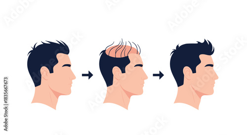 Male hair transplant procedure shown in three stages from baldness to a full head of hair, illustrating a cosmetic solution.