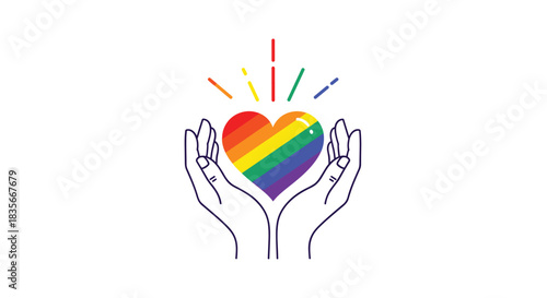 Line art illustration of two hands holding a rainbow-colored heart, a symbol of LGBTQ pride, love, and community support.