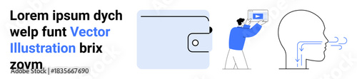 Wallet, person showing video on laptop, airflow through head icons. Ideal for tech, education, e-wallets, tutorials, digital transformation, apps simple landing page